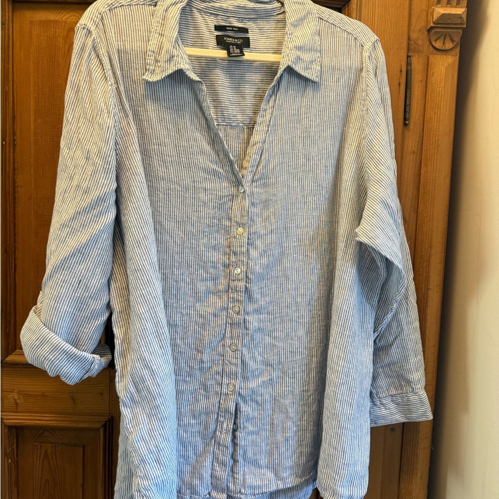 2X Jones & Co. Linen Blue Stripe Button-Up Shirt